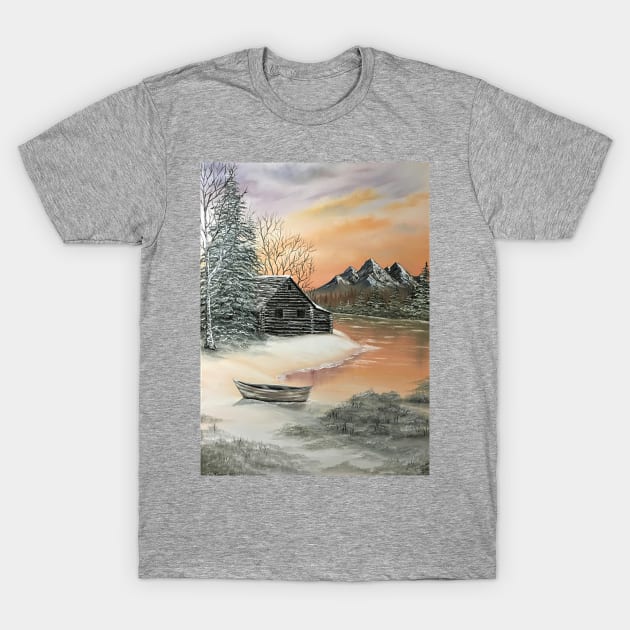 Log Cabin and Canoe T-Shirt by SistersInArtN